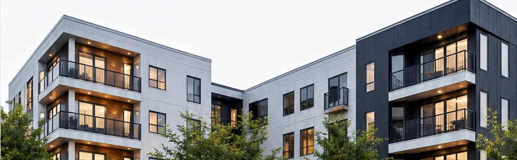 Modern multifamily apartment building at dusk